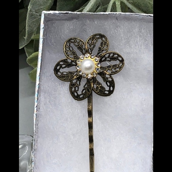 Pearl Rhinestone Crystal Bobby pin Antique Bronze fashion accessories - Picture 1 of 3